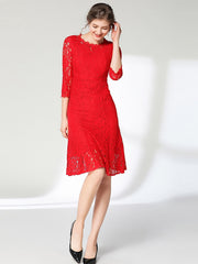 Lace Solid Dress 3/4 Sleeve Crew Neck Dress Women's Clothing