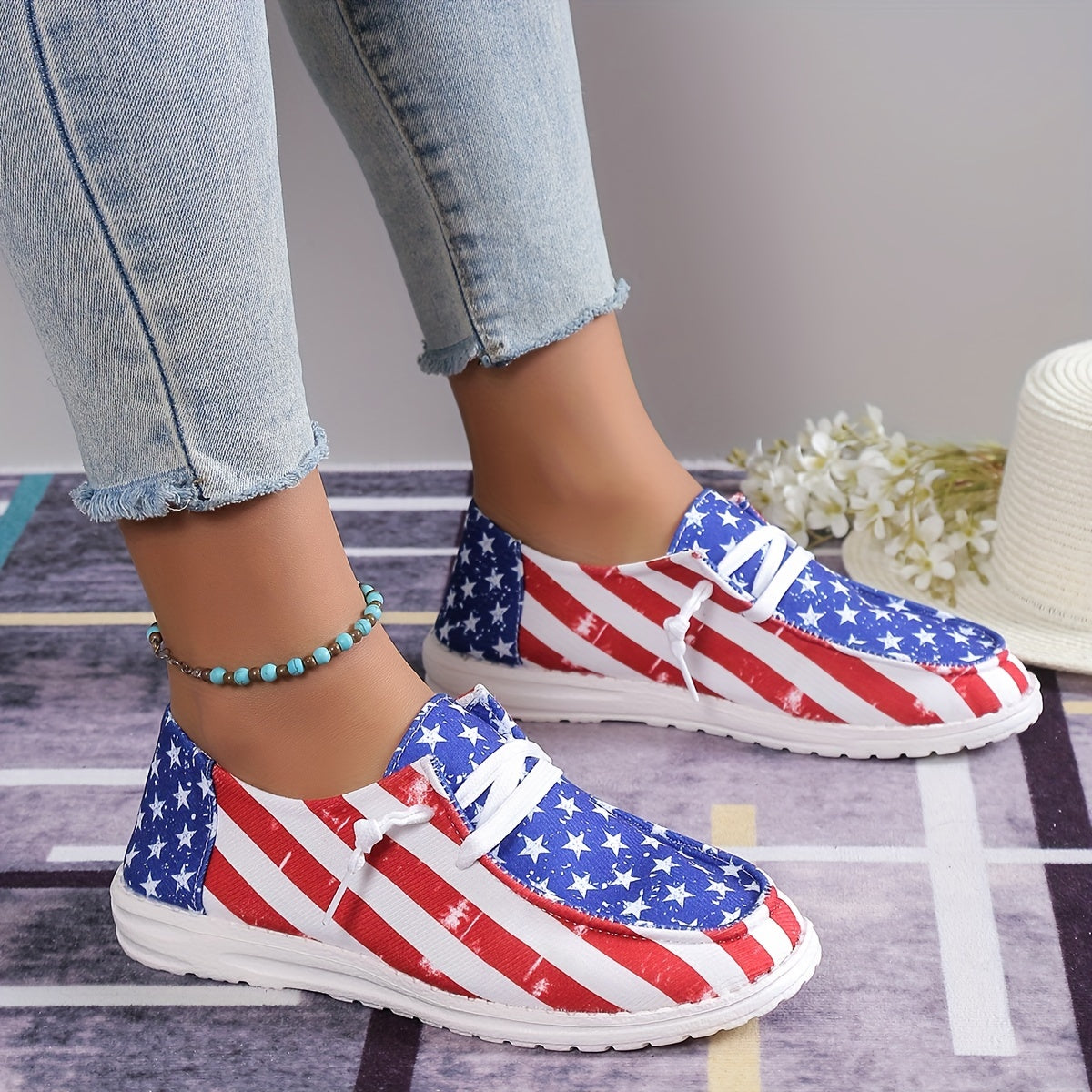 Women's Star & Striped Pattern Sneakers Lightweight Lace Up Canvas Shoes Casual