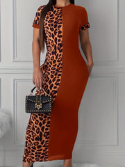 Colorblock Leopard Print Maxi Dress With Pockets