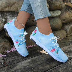 Women's Floral Print Knit Sports Shoes Lace Up Low Top Sneakers