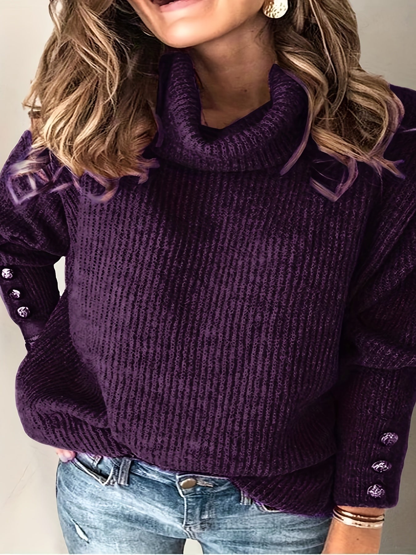 Solid Turtleneck Sweater with Button Decor