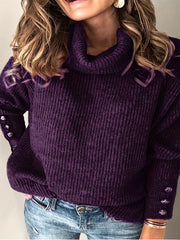 Solid Turtleneck Sweater with Button Decor
