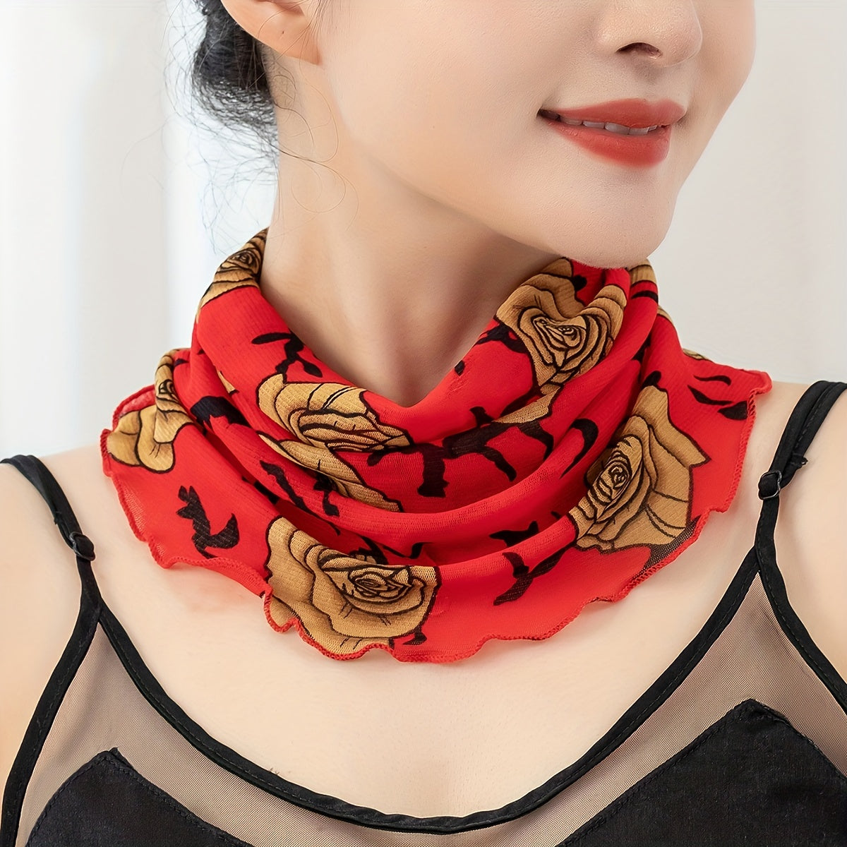 Classic Rose Print Scarf Red Ruffles Thin Breathable Gauze Neck Gaiter