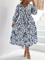 Floral Lantern Sleeve V Neck Midi Dress