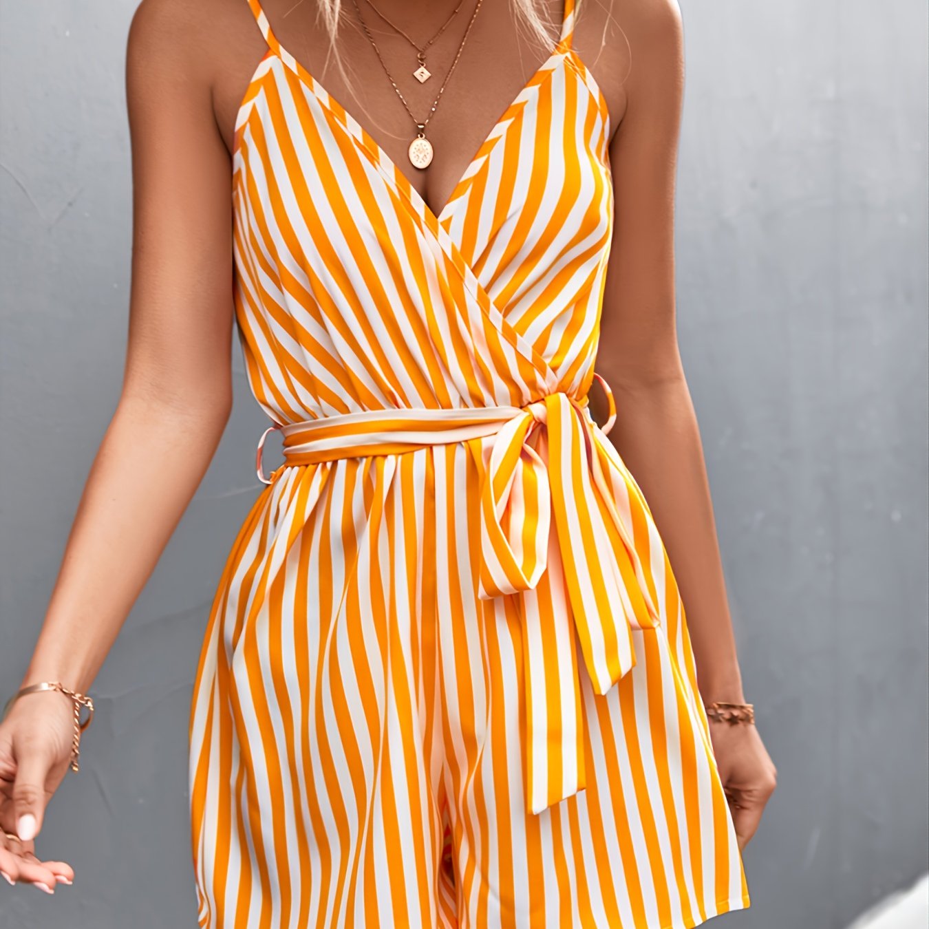 Striped V Neck Belted Suspender Jumpsuit