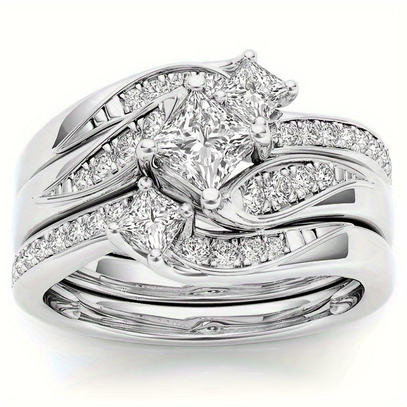Classic Silver Stainless Steel Matching Ring With Sapphire Zircon Size 5-11