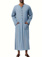 Cotton Muslim Men Long Sleeve Thobe Saudi Arab Kaftan Islamic Dubai Robe