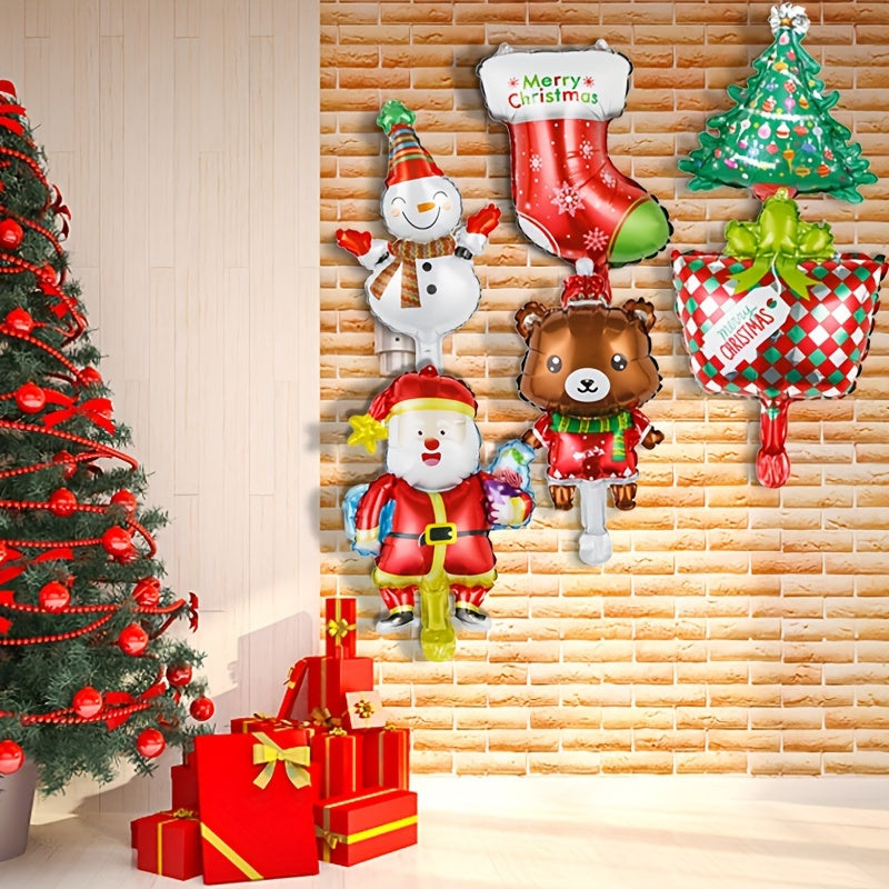 6pcs Christmas Polyester Film Balloons: Candy Crutch, Santa Claus, Christmas Tre
