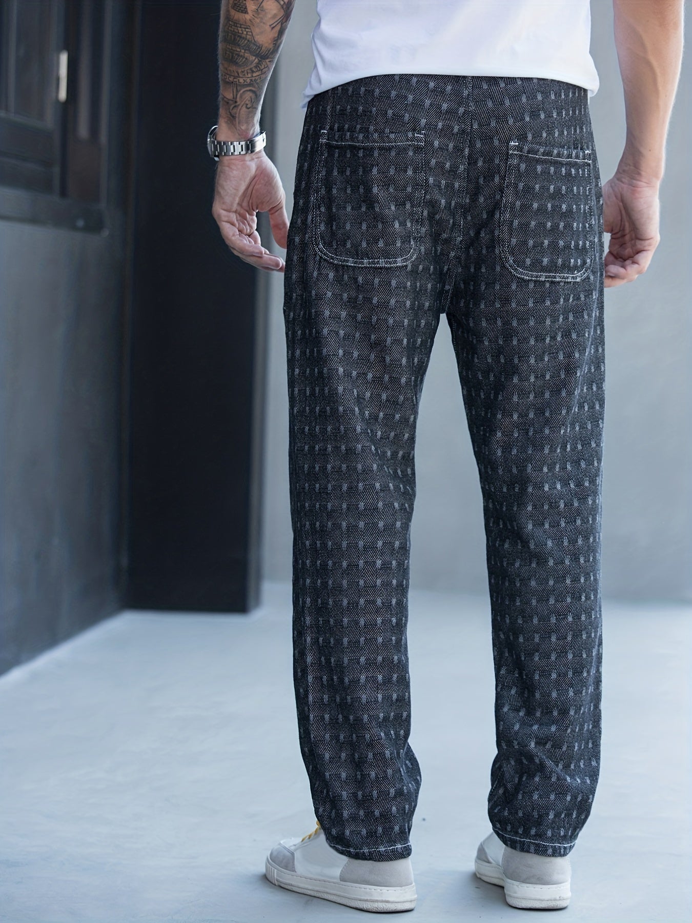 Men's Plaid Pattern Denim Jeans With Pockets