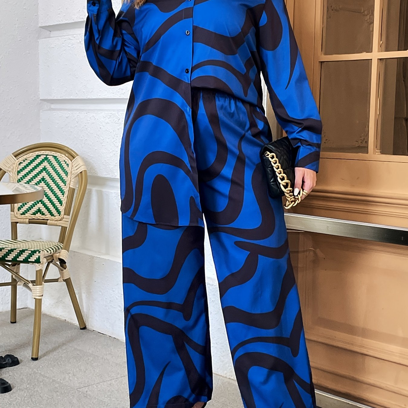 Abstract Stripe Print Shirt & Wide Leg Pant Set