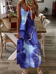 Marble Print Maxi Dress Spaghetti Strap Sleeveless Dress