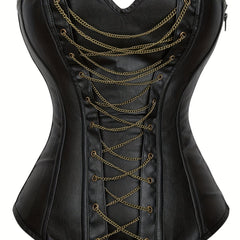 Chain Decor Strapless Corset Bustier Tummy Control Lace Up Zipper Body Shaper