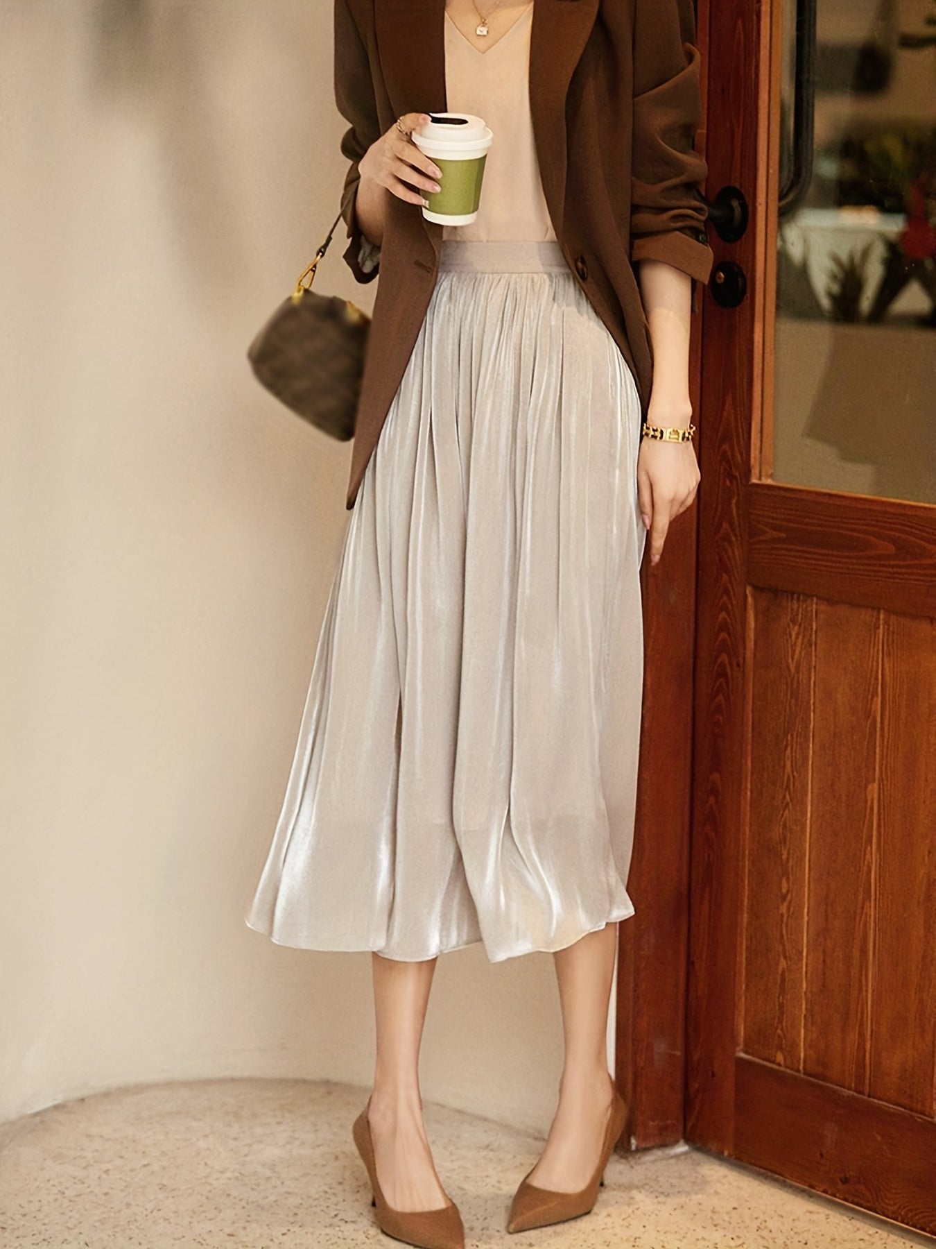 High Waist Pleated Skirt Solid Color Summer Women's Clothing