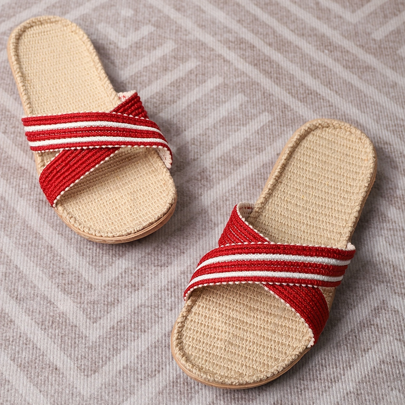 Cross Straps Knit Sandals Open Toe Flat Linen Soft Sole Slides