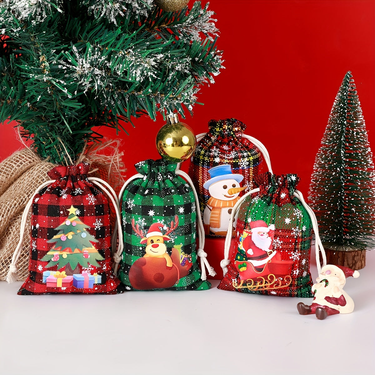 6pcs Christmas Plaid Cotton Drawstring Gift Bag for Candy Packaging