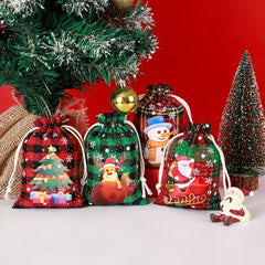 6pcs Christmas Plaid Cotton Drawstring Gift Bag for Candy Packaging