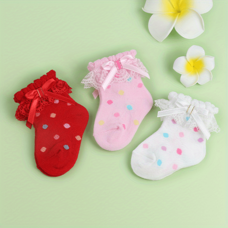 3 Pairs Baby Girls Lace Ruffled Socks Bowknot Decoration