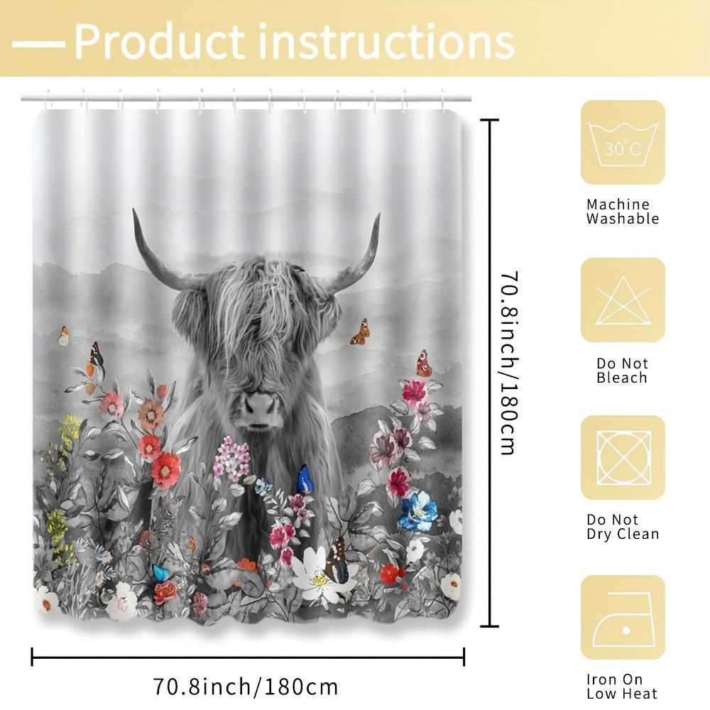 Highland Cow Shower Curtain Set with 12 Hooks and Non Slip Bathroom Rug