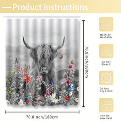 Highland Cow Shower Curtain Set with 12 Hooks and Non Slip Bathroom Rug