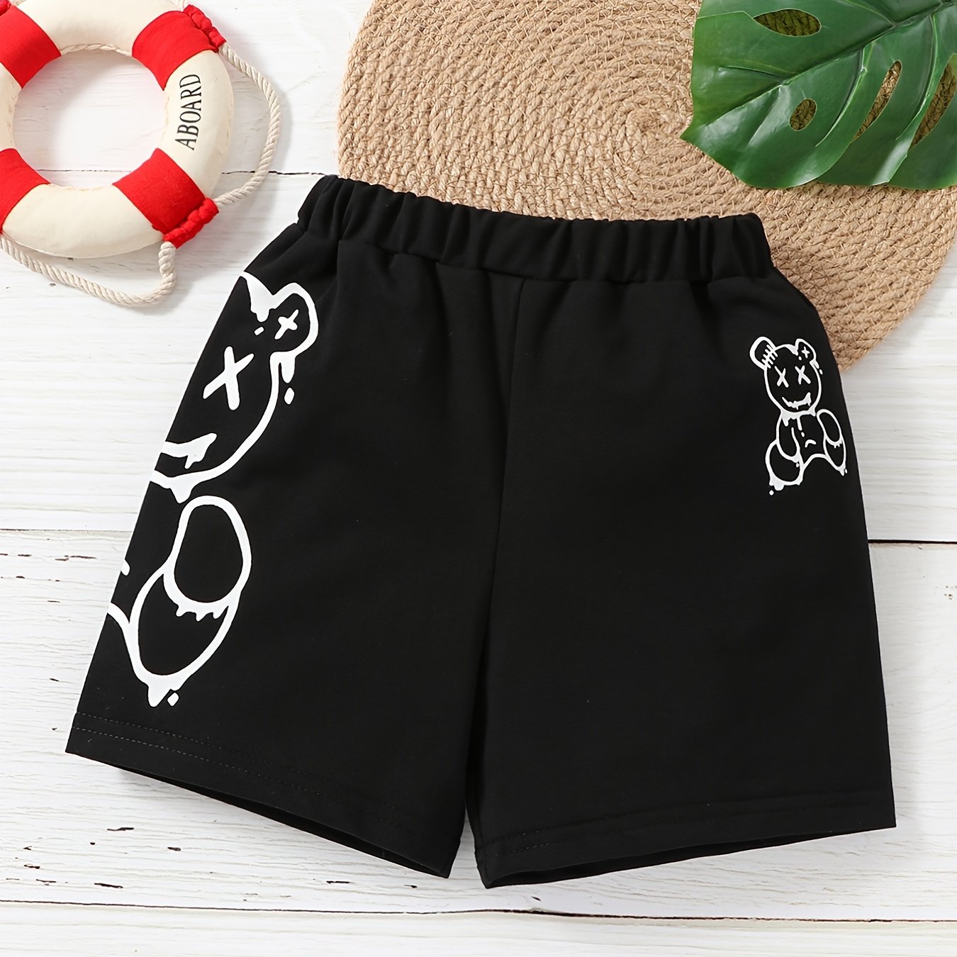 Boys Bear Graphic Print Elastic Waist Shorts for Summer
