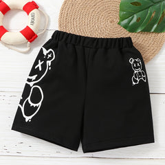 Boys Bear Graphic Print Elastic Waist Shorts for Summer