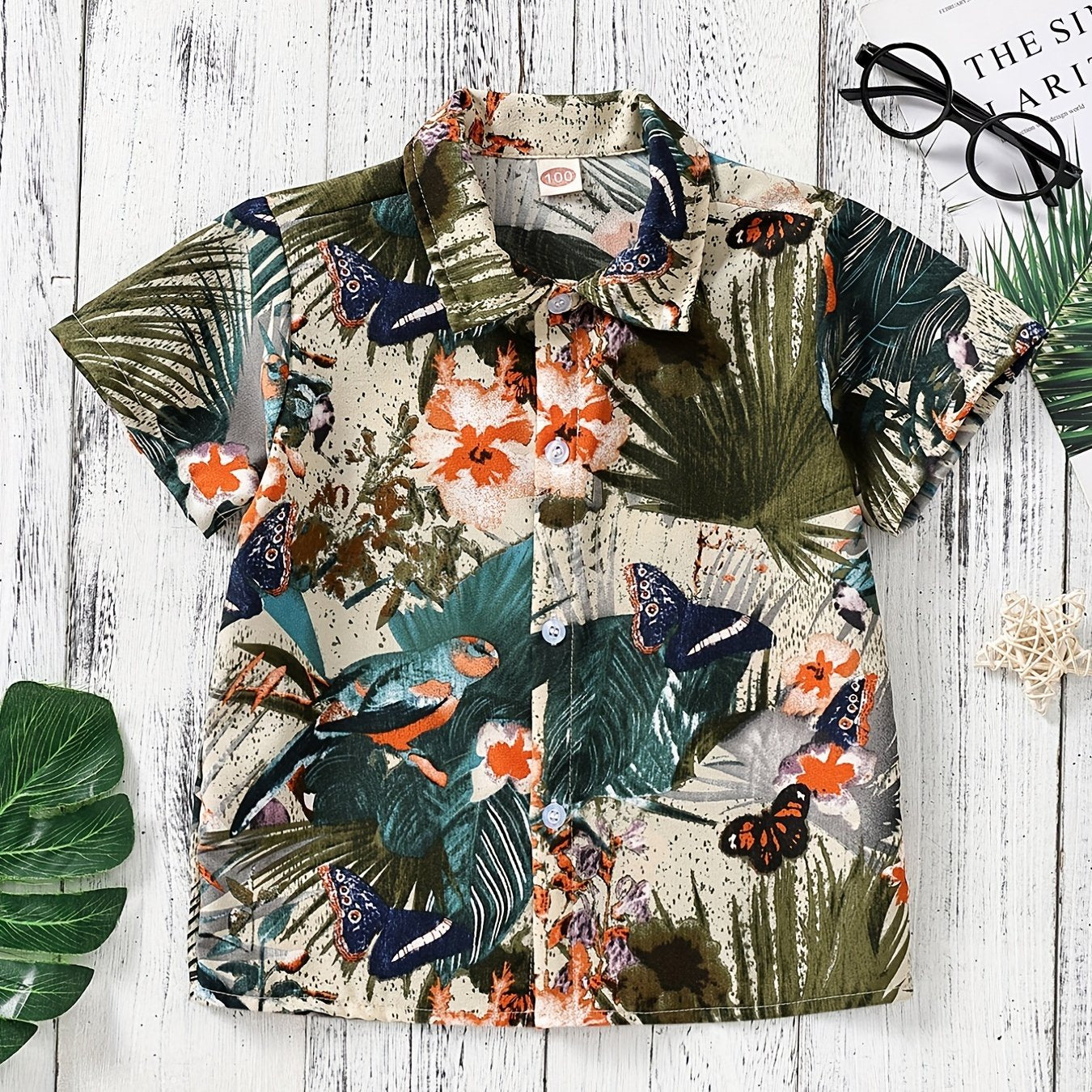 Boys Bird Butterfly Leaves Print Short Sleeves Shirt