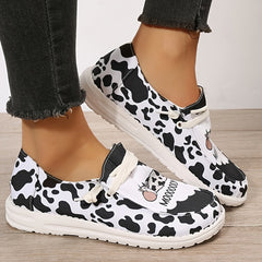 Women's Cow Canvas Shoes Low Top Lace Up Round Toe Flat Shoes