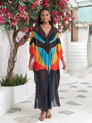 Boho Abaya Dress Women's Plus Colorblock Bat Sleeve V Neck