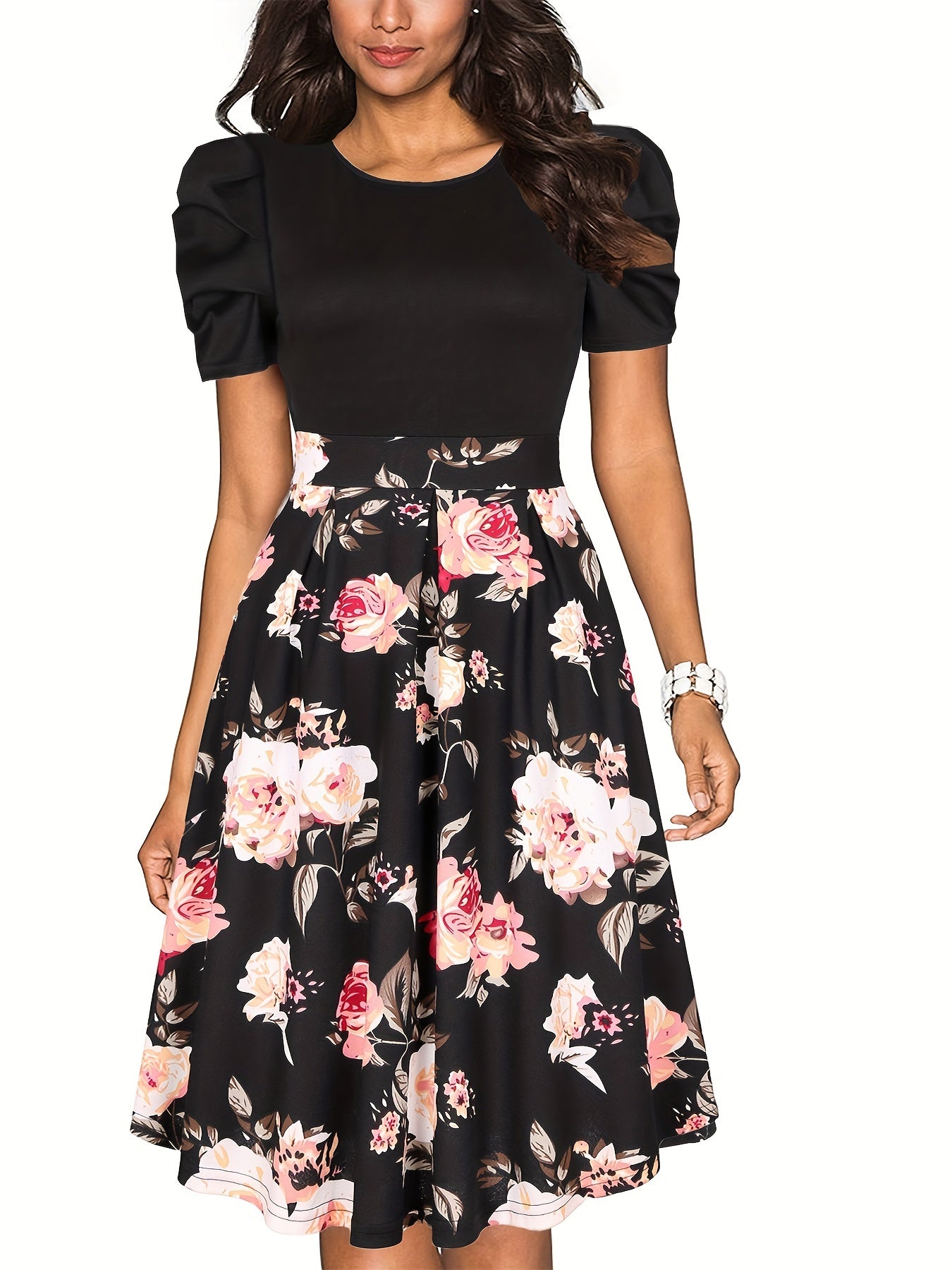 Vintage Floral Crew Neck Dress Short Sleeve Party Dress