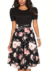 Vintage Floral Crew Neck Dress Short Sleeve Party Dress