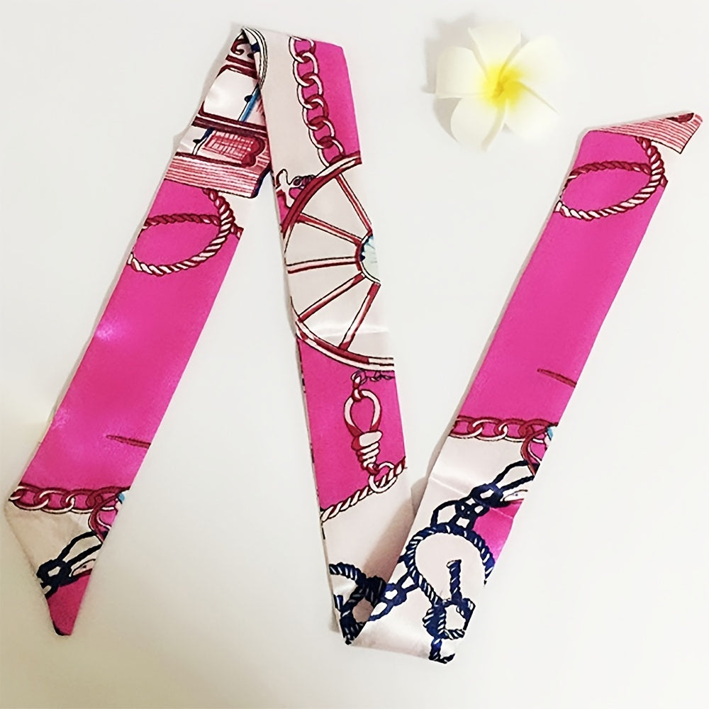 2pcs Skinny Scarf & Ring Set Rose Red Ribbon Twilly Scarf & Faux Pearl Camellia
