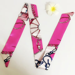 2pcs Skinny Scarf & Ring Set Rose Red Ribbon Twilly Scarf & Faux Pearl Camellia