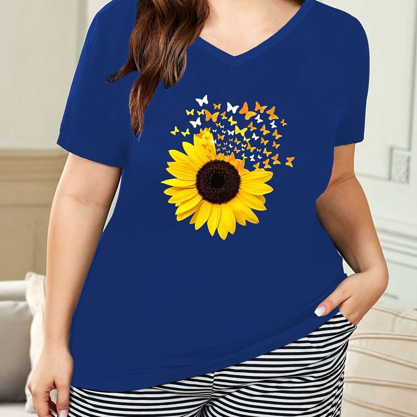 Sunflower & Butterfly Print V Neck Pajama Top