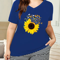 Sunflower & Butterfly Print V Neck Pajama Top