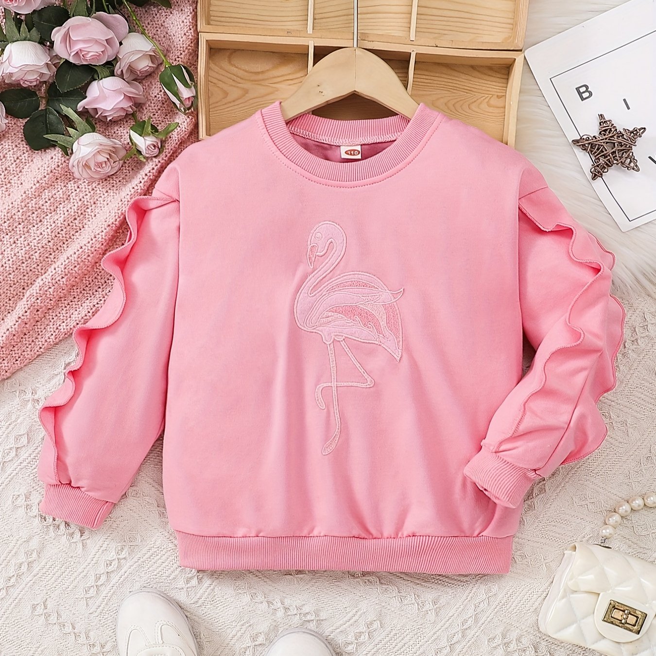 Flamingo Embroidered Girls' Comfy Sweatshirt Pullover