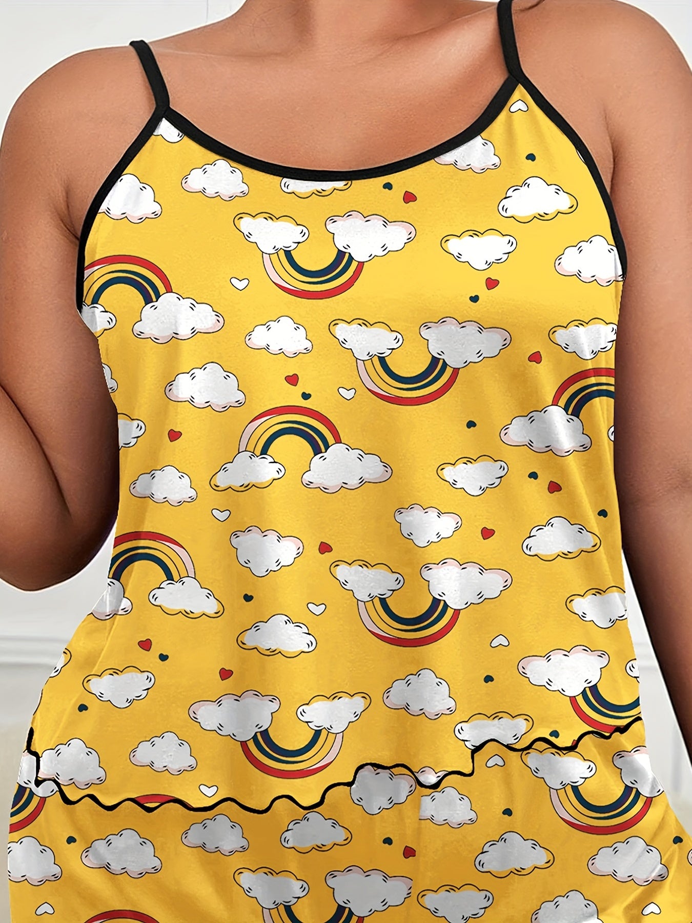 Rainbow Heart Print Pajama Set Round Neck Cami & Shorts Two Piece