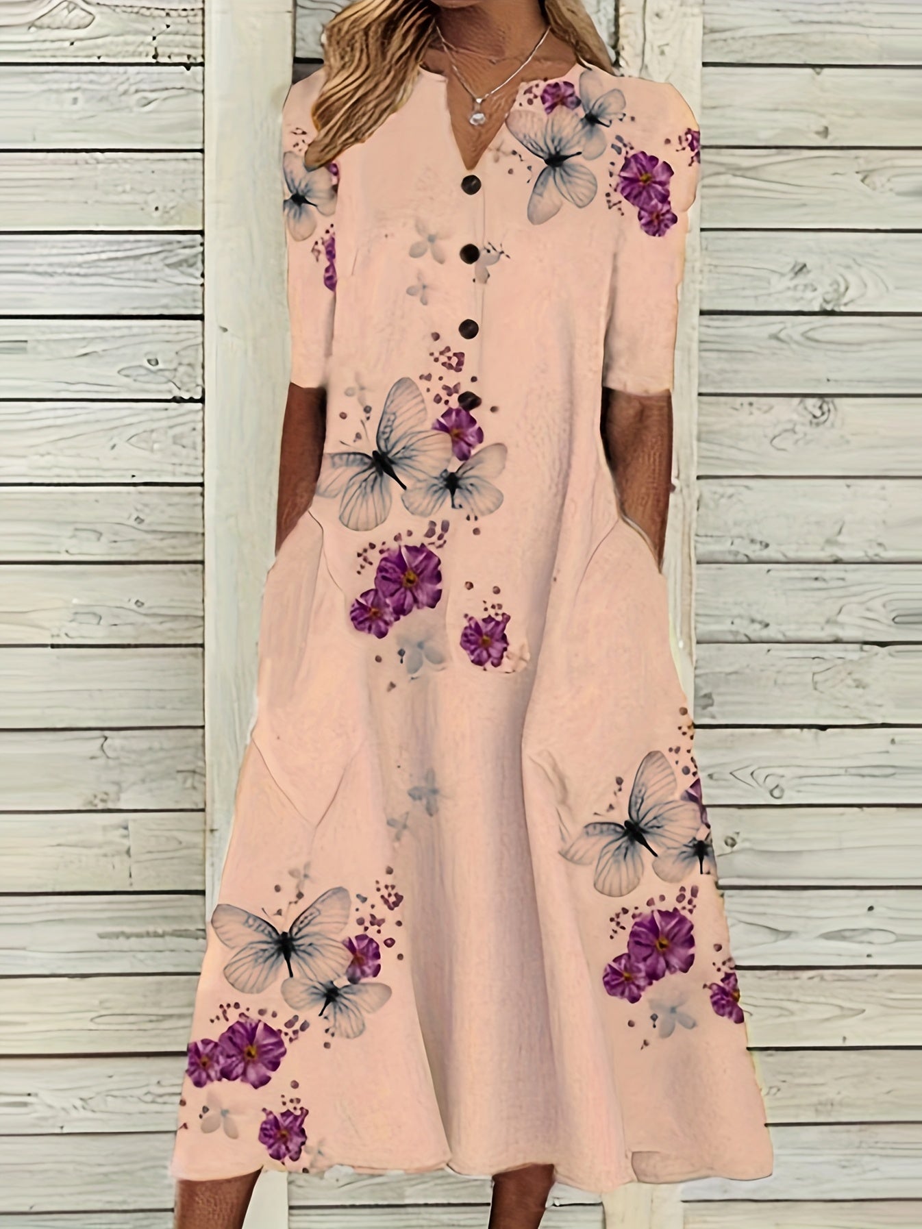 Floral & Butterfly Print V Neck Dress Button Front Short Sleeve Dress