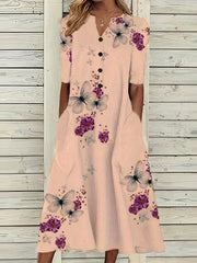 Floral & Butterfly Print V Neck Dress Button Front Short Sleeve Dress