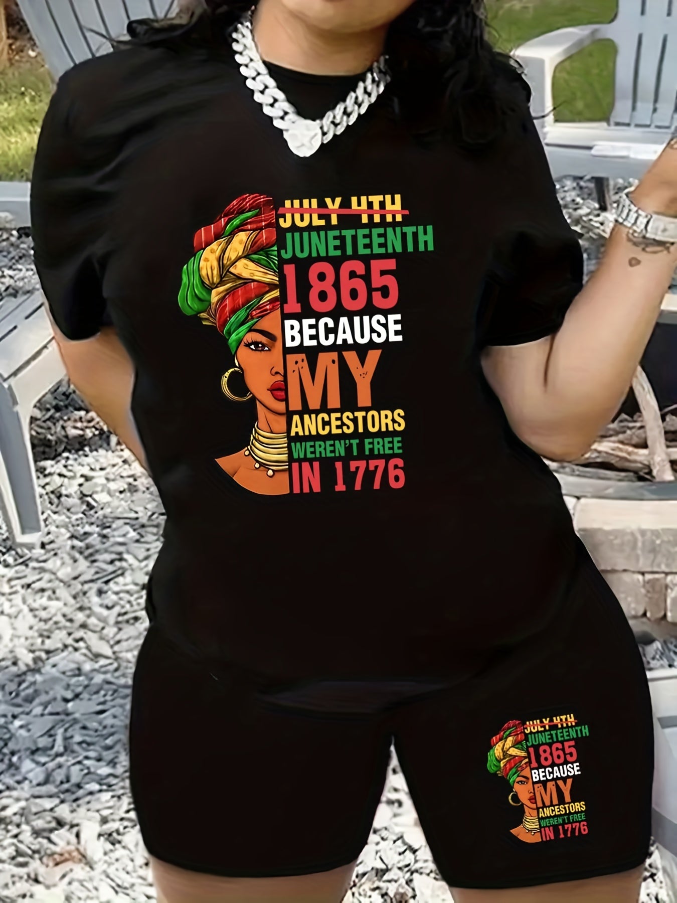 Casual 2pcs Set Women's Plus Graphic Tee & Biker Shorts Set