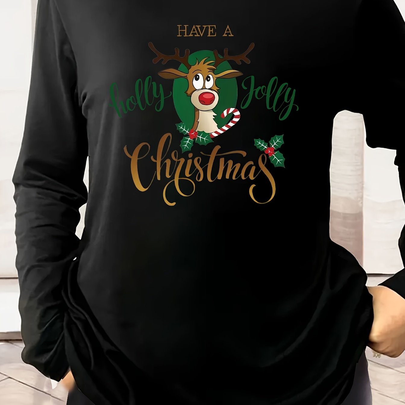 Christmas Casual Loungewear Top Women's Plus Elk Print Long Sleeve