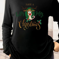 Christmas Casual Loungewear Top Women's Plus Elk Print Long Sleeve