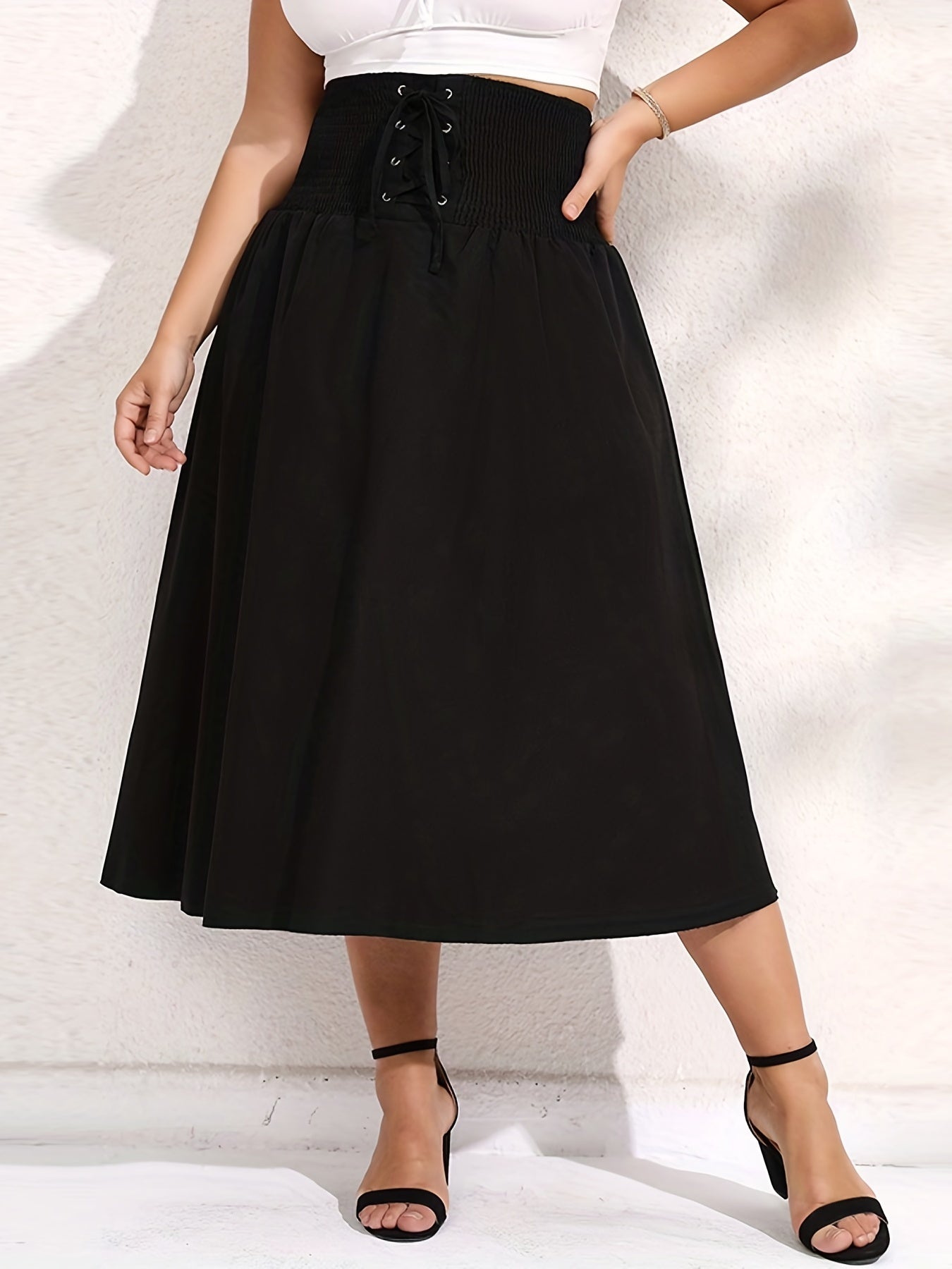 Solid Ribbed Lace Up Pleated Skirt