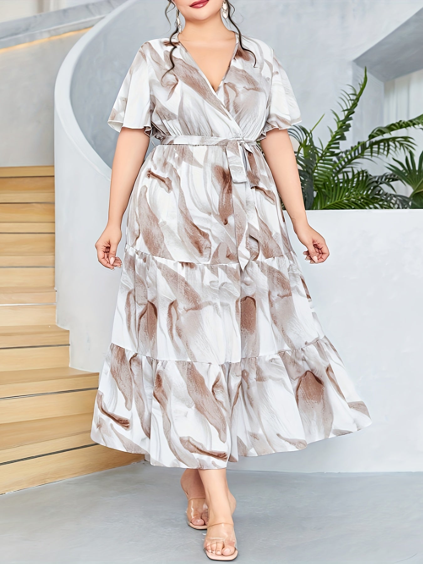 Plus Marble Print Butterfly Sleeve Smock Maxi Dress With Belt