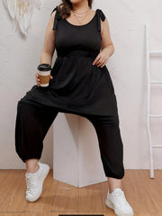 Casual Jumpsuit Women's Plus Solid Round Neck Tie Shoulder