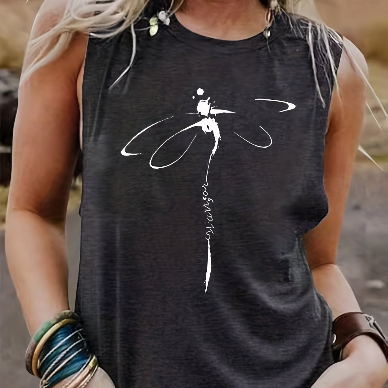Dragonfly Print Tank Top Casual Sleeveless Loose Fit Women's Clothing