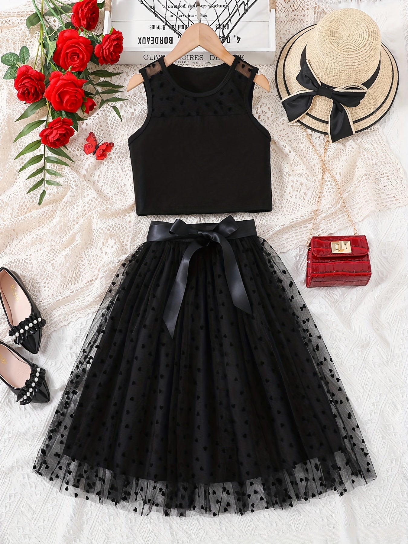 2pcs Girls Mesh Tank Top & Tutu Skirt Set Kids Summer Clothes