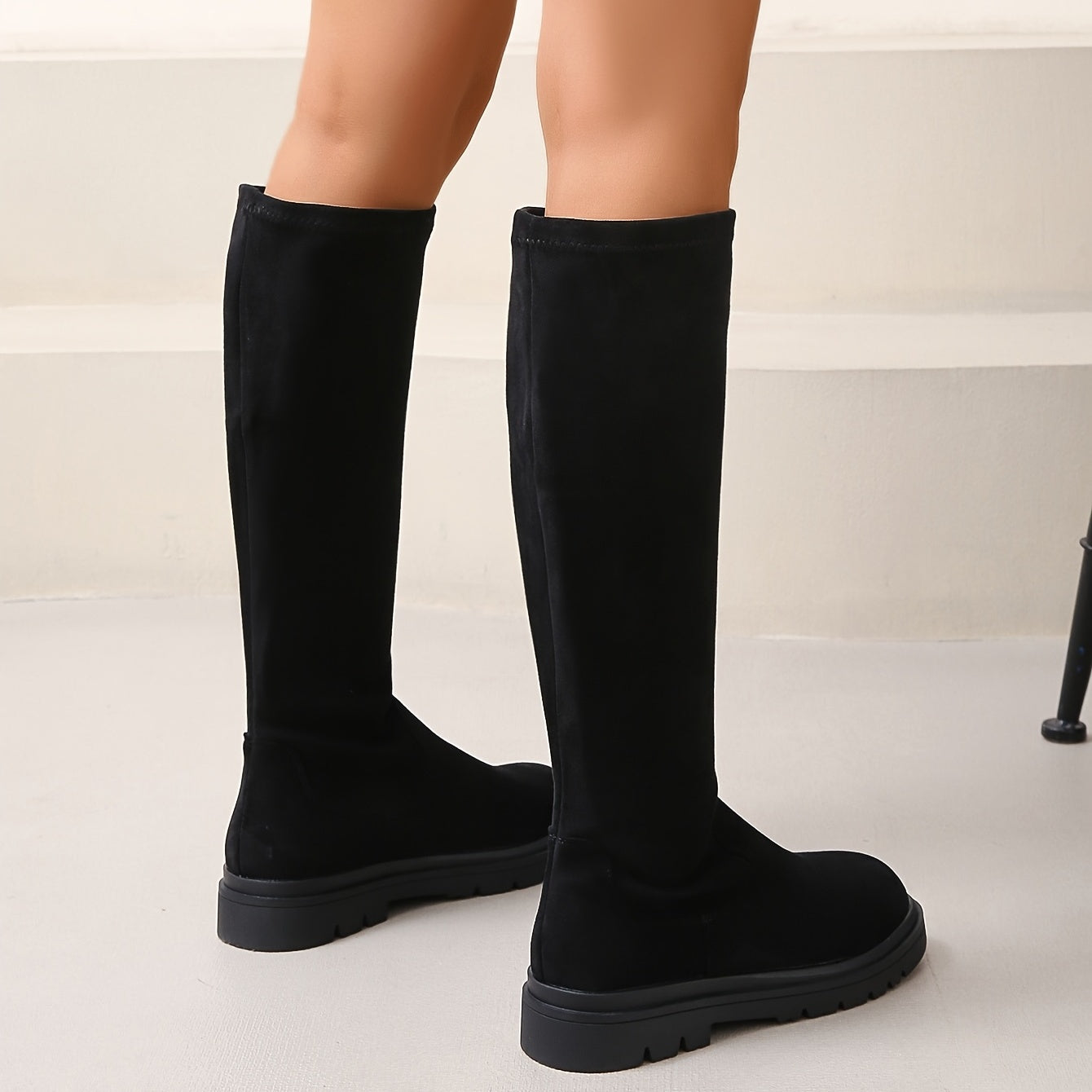 Women's Stretch Knee High Boots Solid Round Toe Pull On Long Boots Comfort