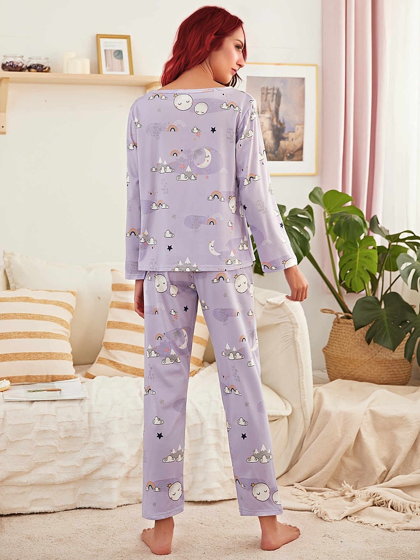 Cartoon Print Pajamas Set Long Sleeve Top & Pants Women's Sleepwear