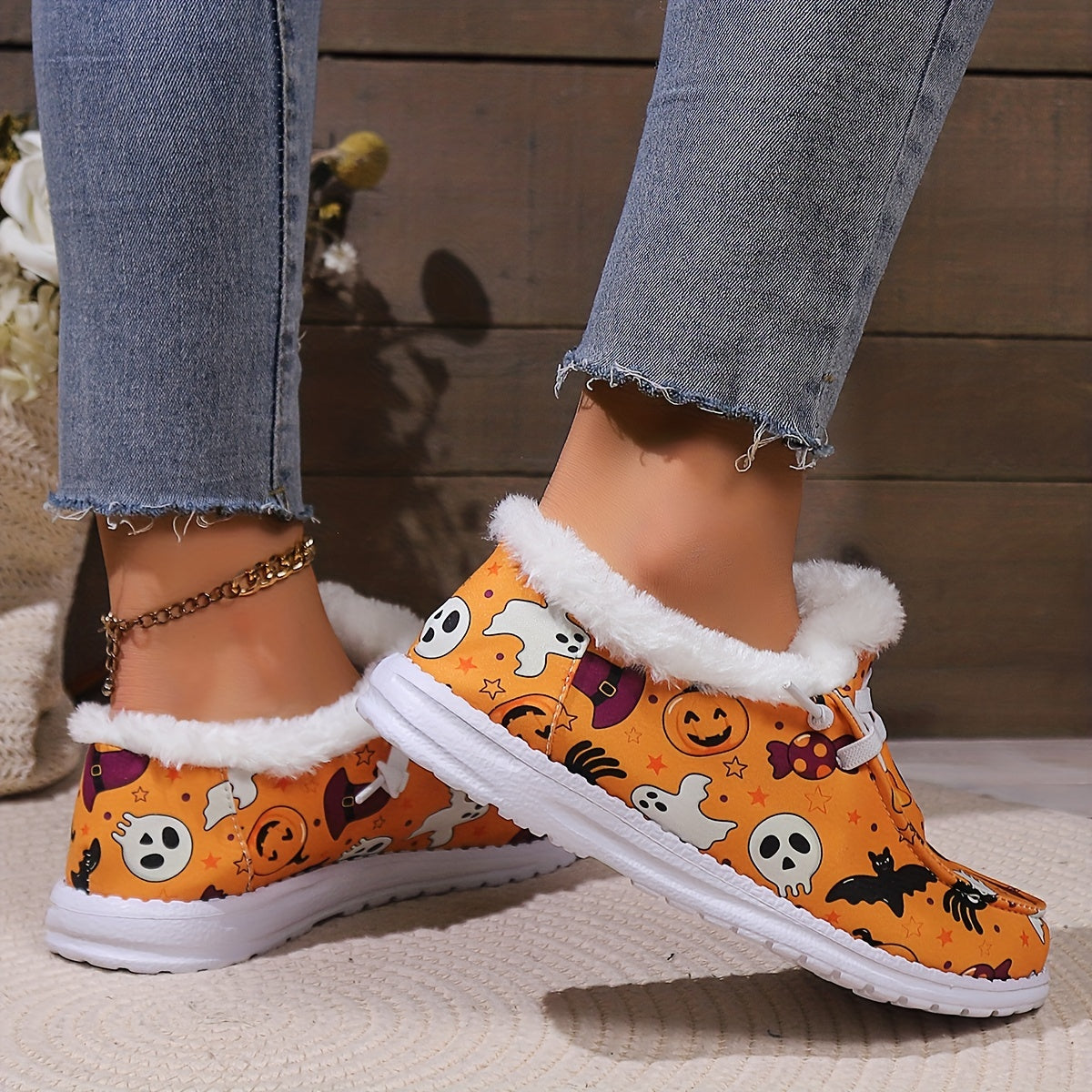 Halloween Horror Cat Pumpkin Print Plush Lined Furry Slip On Sneakers