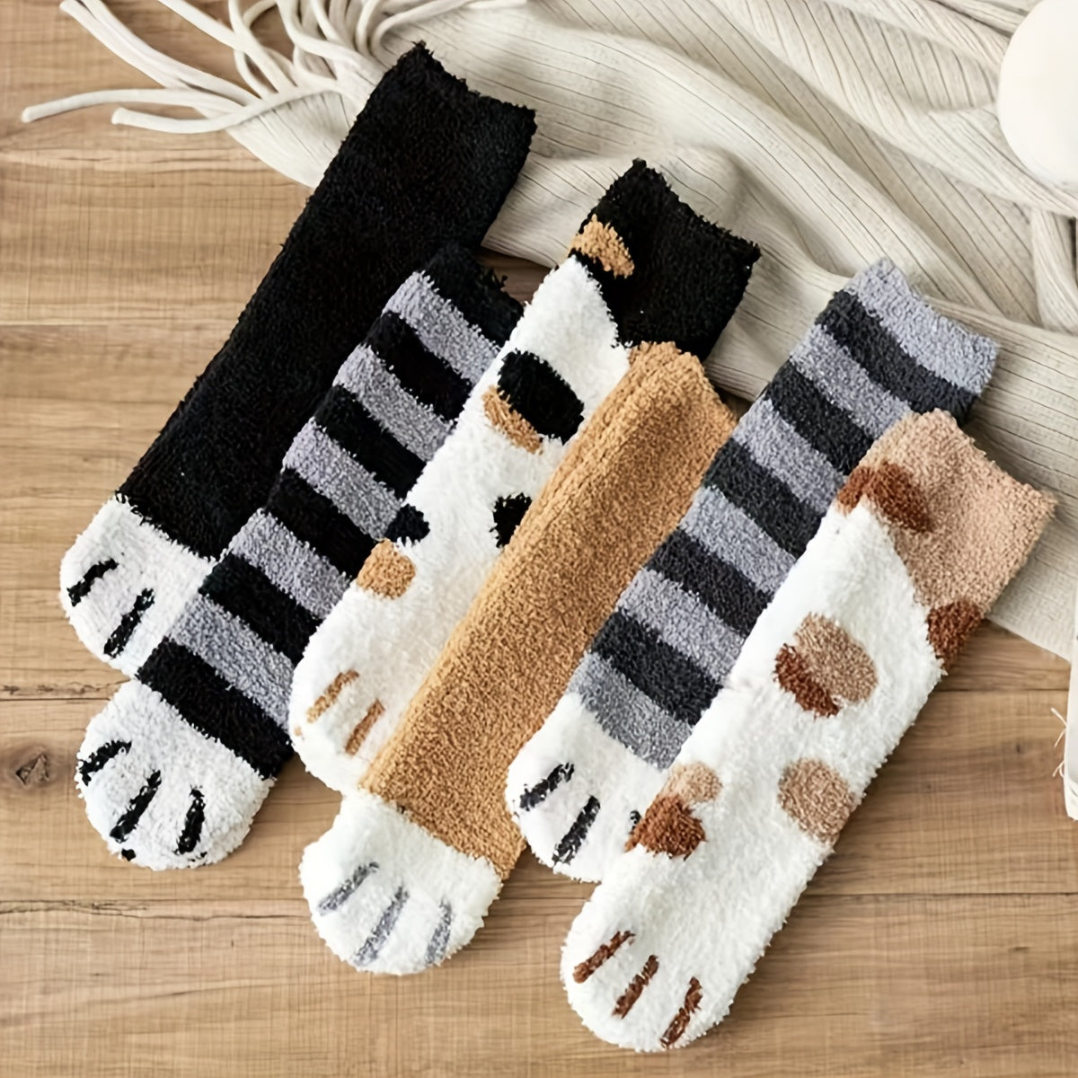 6 Pairs Cat Claw Pattern Cotton Socks for Women & Girls